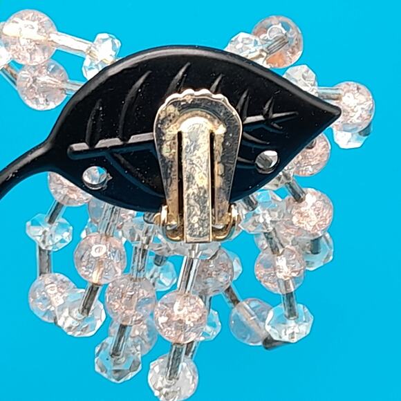 Vintage Pink Clear Waterfall Clip Earrings, Hand-Threaded, 1940s, 2" - Picture 5 of 12